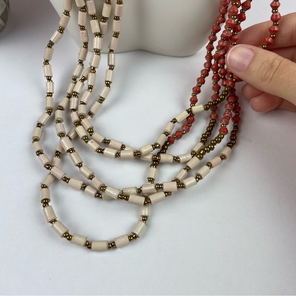 Teng Yue Red Cream Beaded Strand Necklace Boho Women Jewelry - Picture 3 of 7